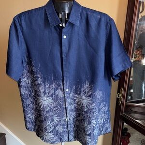 Murano Navy Blue Floral Pattern Short Sleeve Shirt. 100% linen